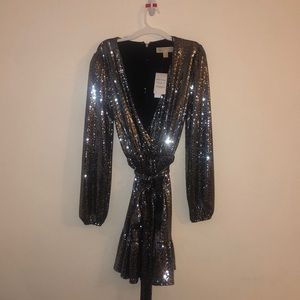Michael Kors Black and Silver Sequin Wrap Dress